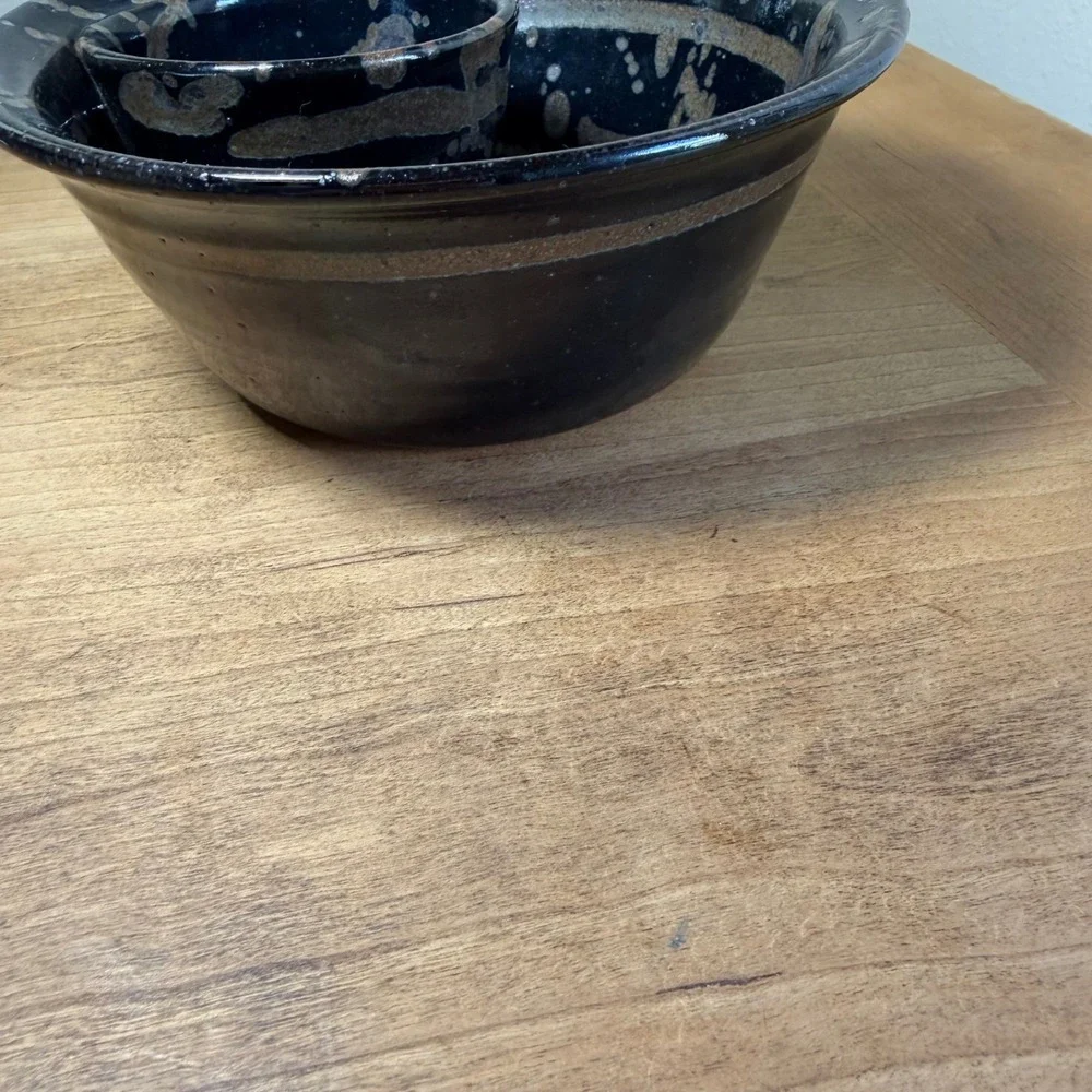 Jepson Handmade Ceramic Chip and Dip Bowl Set Blue Tan Splatter Stoneware